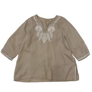 Simply NY 100% Linen Embroidered Tunic | Sequin Trim, Boho Resort Wear, XL New